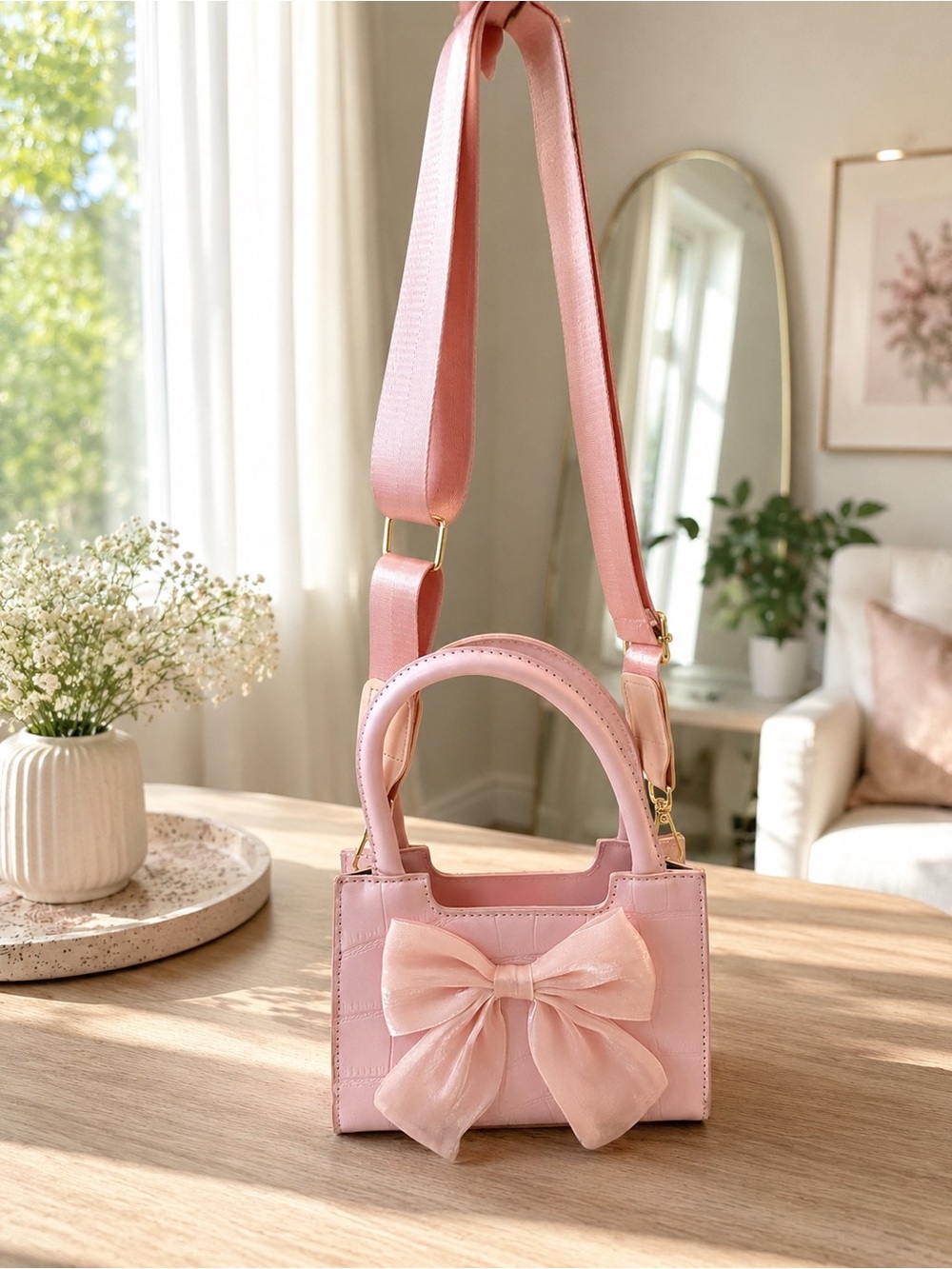 Pink Bow Accent Women’s Mini Shoulder Bag